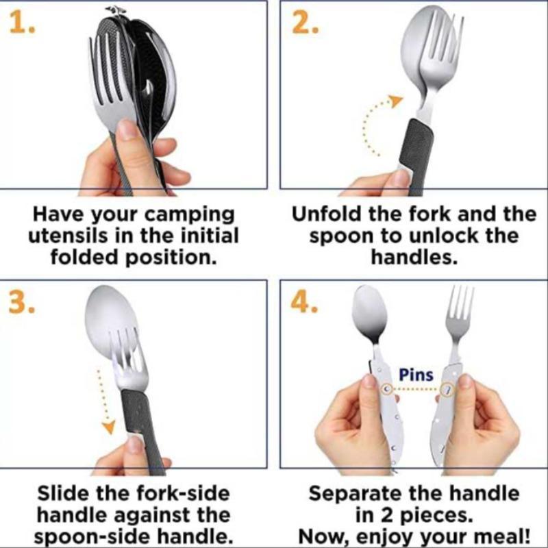 Folding Camping Utensils, 1 Count Stainless Steel Spoon Fork Bottle Opener Set, Detachable Tableware Multifunctional Tool for Outdoor Camping