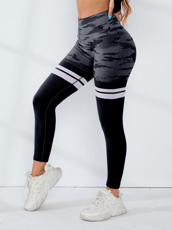 Women's Striped & Camo Pattern Summer Sports Leggings with Phone Pocket, Tummy Control Butt Lift Leggings, High Waisted Athletic Workout Running Yoga Pants