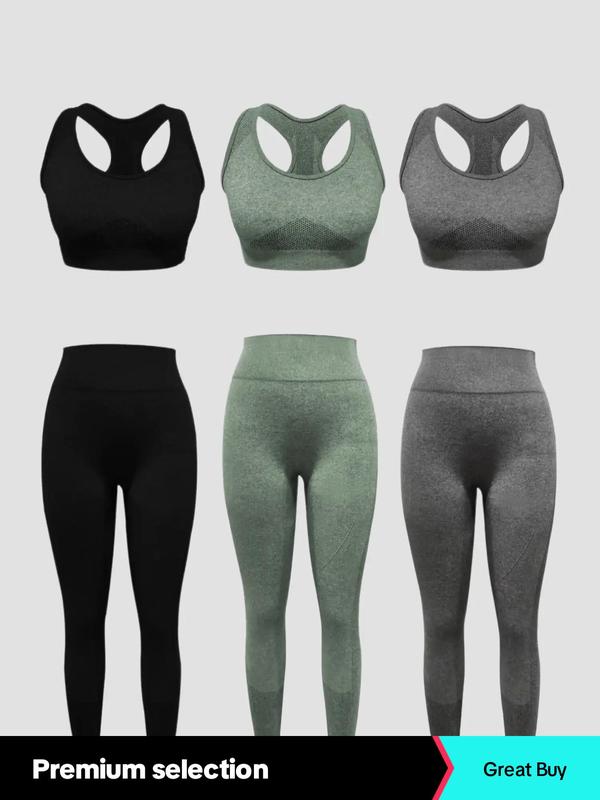 6 Counts Women's Solid Crop Tank Top & Ruched Wide Band Waist Leggings Set, Sporty Tight Pants Leggings Tracksuits for Yoga Gym Workout Running Back To School, Two Piece Sets Tracksuits, Fall Clothes, Ladies Sportswear, Minimalistic Outfit, Fall Outfits