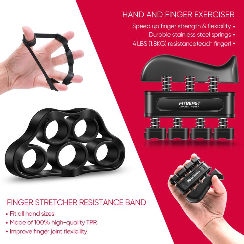 5 Pack FitBeast Funny Hand Grip Strengthener Workout Kit Forearm Grip Adjustable Resistance Hand Gripper, Finger Exerciser, Finger Stretcher, Grip Ring & Stress Relief Grip Ball for Athletes