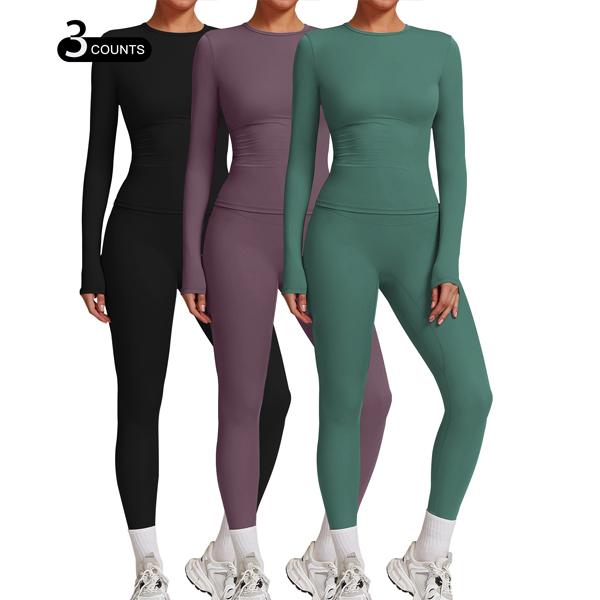 Kabuer Women's Yoga Set - Solid Color Long Sleeve Top and High Waisted Leggings for Gym Exercise and Outdoor Running