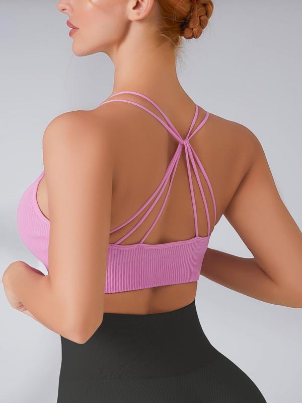 Women's Solid Criss Cross Backless Ribbed Wireless Sports Bra, Breathable Comfortable High Stretch Seamless Double Spaghetti Strap Design Sports Bra, Ladies Sportswear for Indoor Outdoor Wear