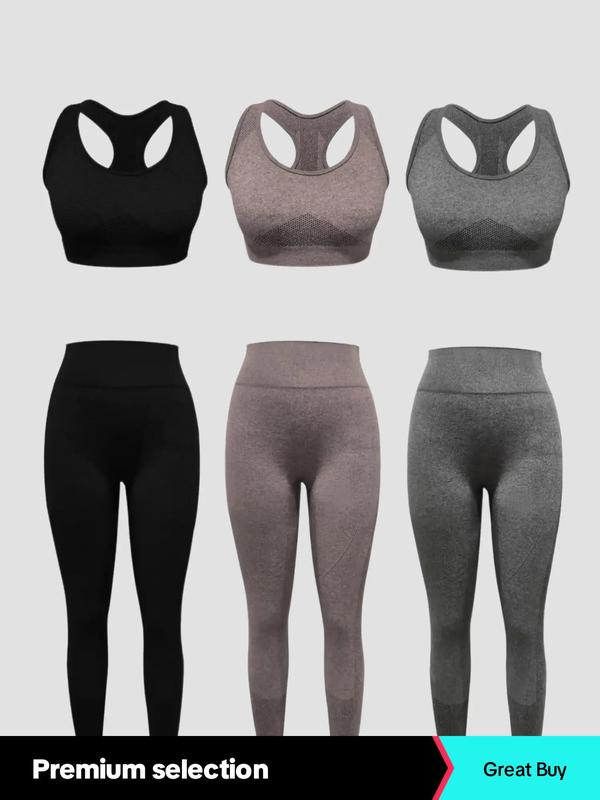 6 Counts Women's Solid Crop Tank Top & Ruched Wide Band Waist Leggings Set, Sporty Tight Pants Leggings Tracksuits for Yoga Gym Workout Running Back To School, Two Piece Sets Tracksuits, Fall Clothes, Ladies Sportswear, Minimalistic Outfit, Fall Outfits