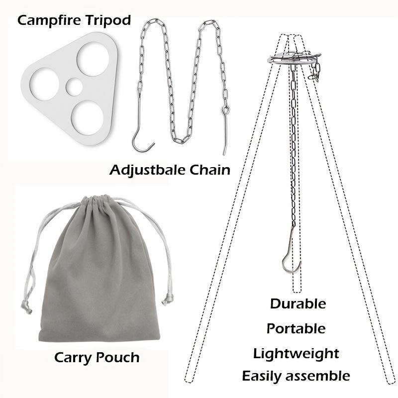 Outdoor Camping Tripod Board (1 Set), 304 Stainless Steel Campfire Support Plate with Adjustable Chain & Storage Bag for Hanging Cookware, Portable Camping Tripod