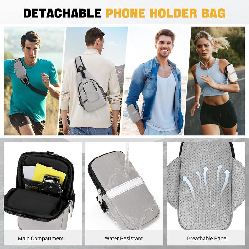 Crossbody Bags for Women, Sling Bag for Men Small Cross Body Backpack with Detachable Phone Holder Bag for Hiking Travel Cycling Running, Gray