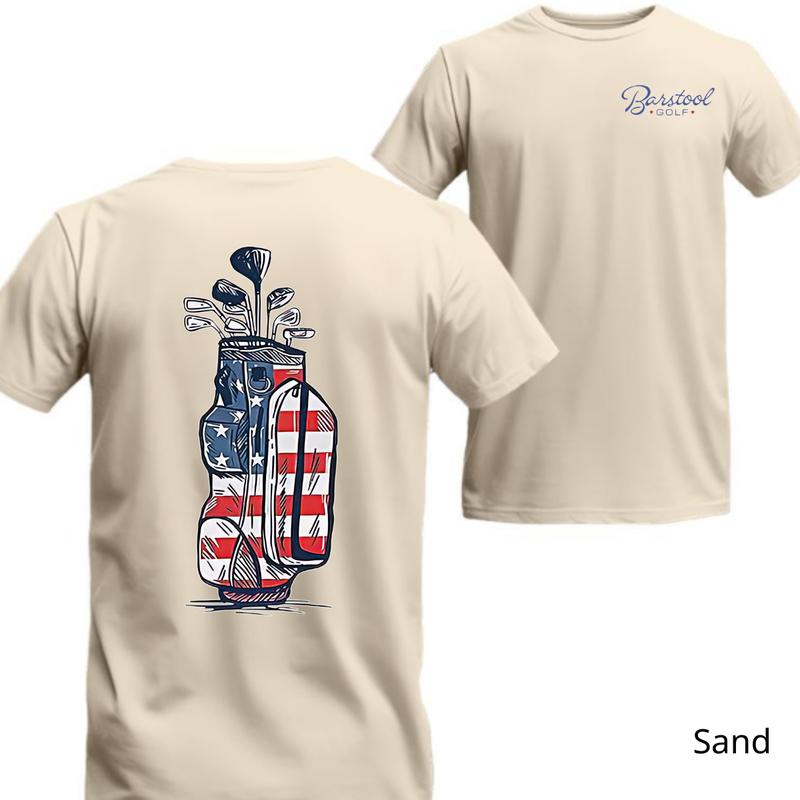 Barstool Golf T-Shirt - Patriotic Golf Bag Design, Perfect for Unisex Wear, Show Off Your American Pride on the Golf Course, Ideal for Casual and Sporting Days.