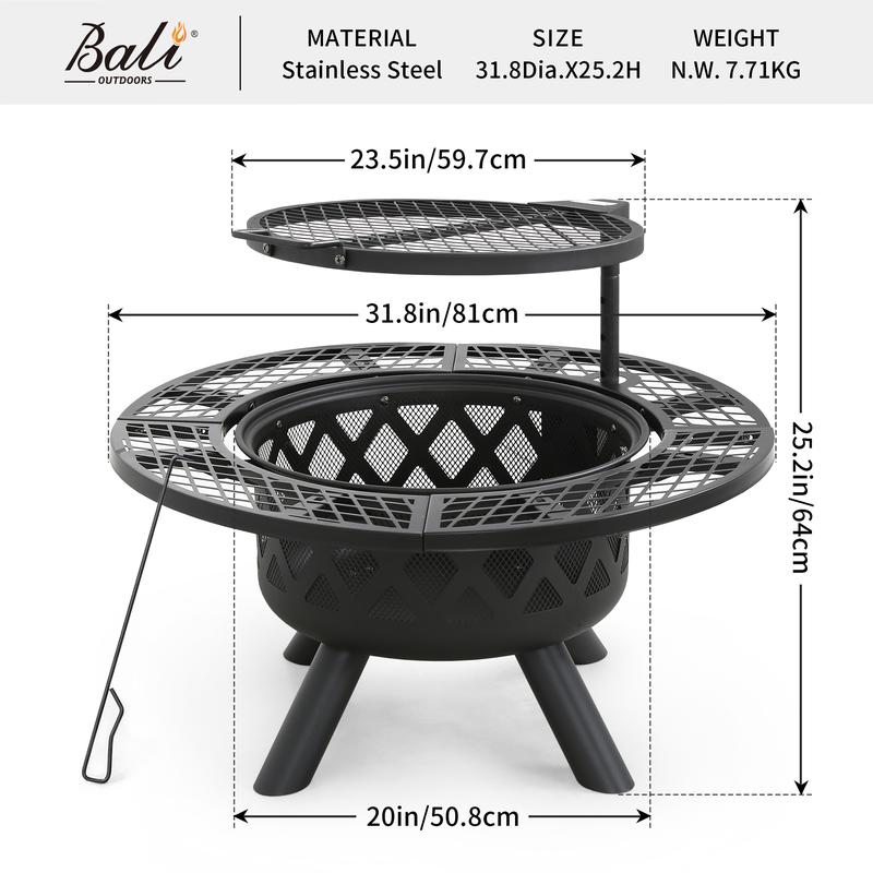 BALI OUTDOORS Fire Pits Outdoor Wood Burning, Wood Fire Pit with Cooking Grate Outdoor Fireplace with Cooking Grill Firepit Grill, 20 Inch Fire Bowl, Black