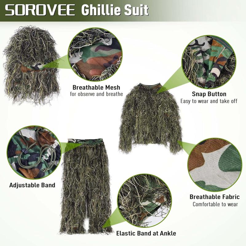 6 in 1 Ghillie Suit, 3D Camouflage Hunting Apparel Including, Pants, Hood, Carry Bag and Camo Tapes