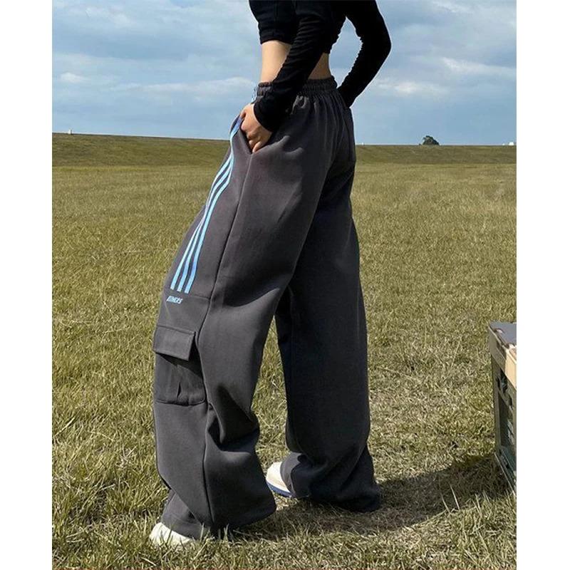 MEXZT Oversized Striped Sweatpants Women Y2K Streetwear Cargo Pants Harajuku Wide Leg Joggers High Waist Baggy Sports Trousers