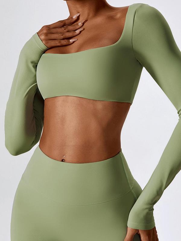 Women's Solid Long Sleeve Square Neck Crop Sports Tee, Sporty Tight-fitting Cropped Top for Yoga Gym Workout Running, Ladies Sportswear for All Seasons, Compression Shirt Fall Outfits