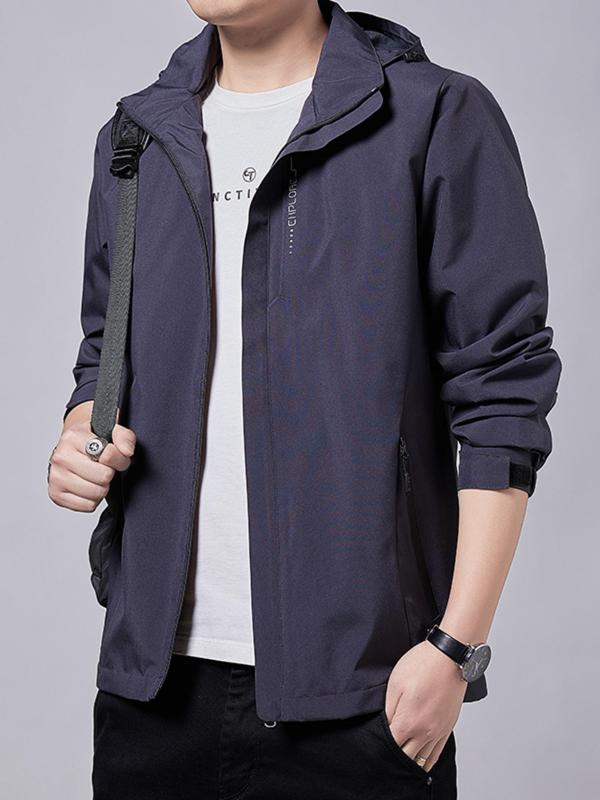 Men's Plain Windbreaker Hooded Jacket, Loose Long Sleeve Drawstring Zip Up Jacket for Spring Fall Hiking Climbing Camping Cycling, Men's Clothing Designer Clothing For Men