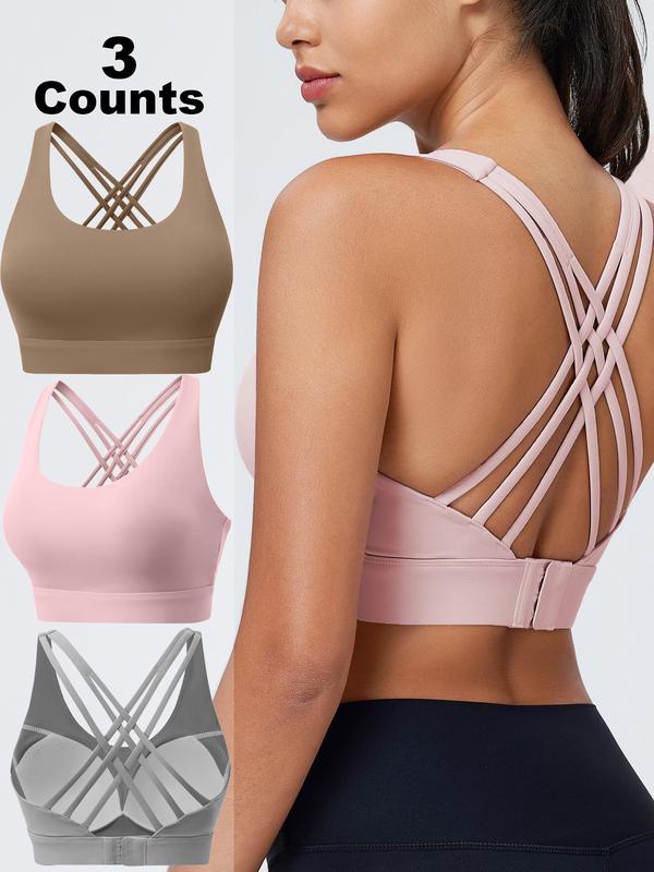 Women's Criss Cross Back Sports Bras, Solid Color Adjustable Hook & Eye Closure Push Up Bra, Soft Breathable Non-removable Moulded Cups Bra for Women