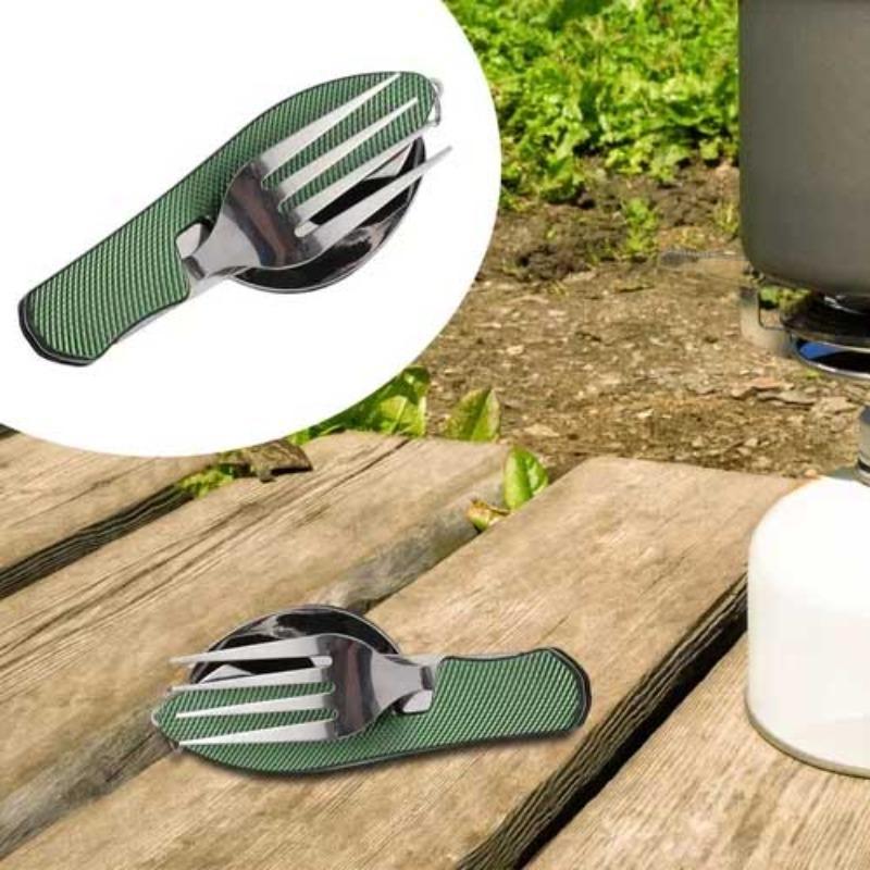 Folding Camping Utensils, 1 Count Stainless Steel Spoon Fork Bottle Opener Set, Detachable Tableware Multifunctional Tool for Outdoor Camping