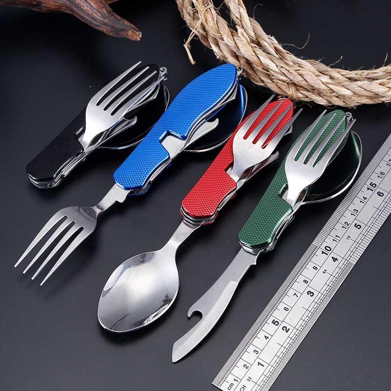 Folding Camping Utensils, 1 Count Stainless Steel Spoon Fork Bottle Opener Set, Detachable Tableware Multifunctional Tool for Outdoor Camping