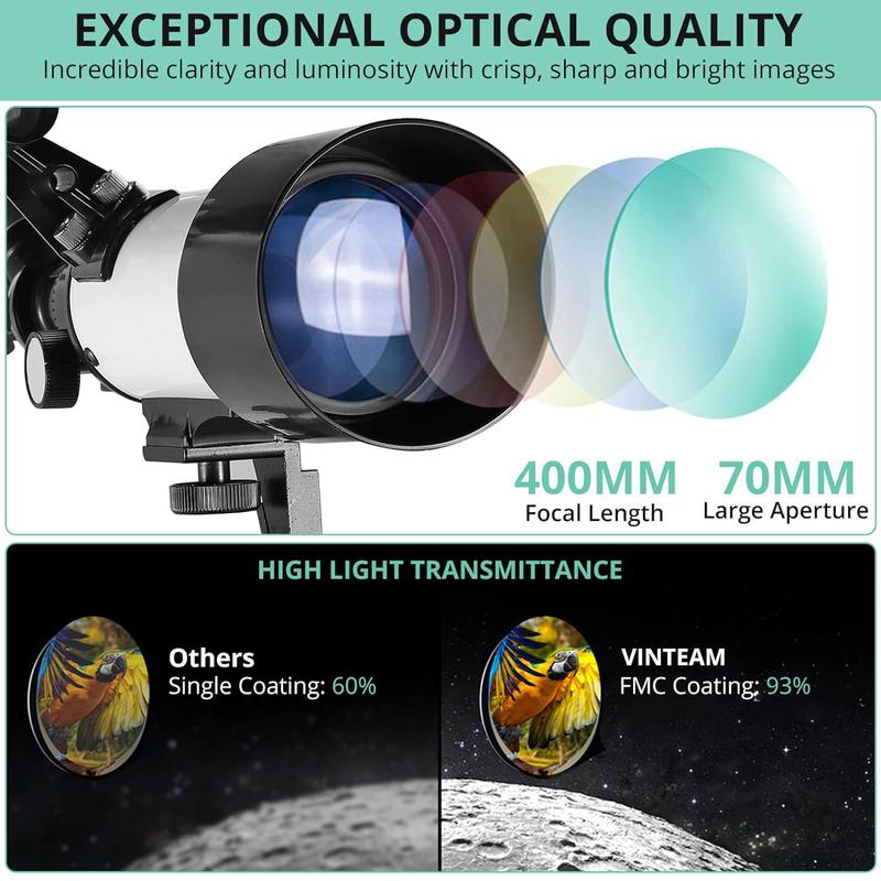 VINTEAM Phone Telescope for Beginners, 70mm Aperture 400mm Astronomical Refractor Telescope with Fully Multi-Coated Optics, Portable Tripod Phone Adapter to Observe Moon and Landscape Mother's Day Gift