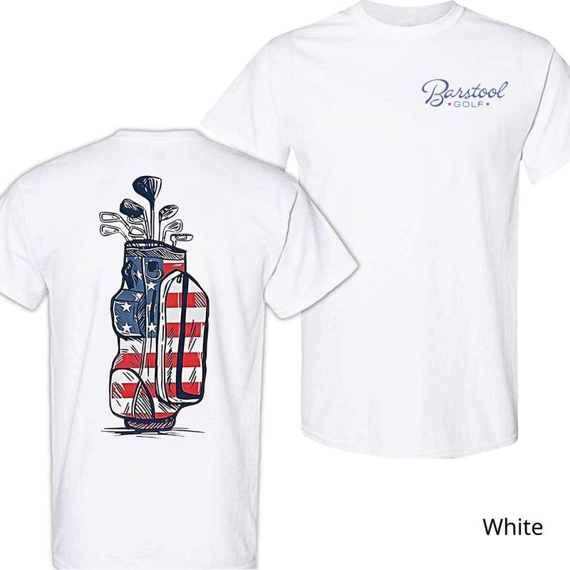 Barstool Golf T-Shirt - Patriotic Golf Bag Design, Perfect for Unisex Wear, Show Off Your American Pride on the Golf Course, Ideal for Casual and Sporting Days.