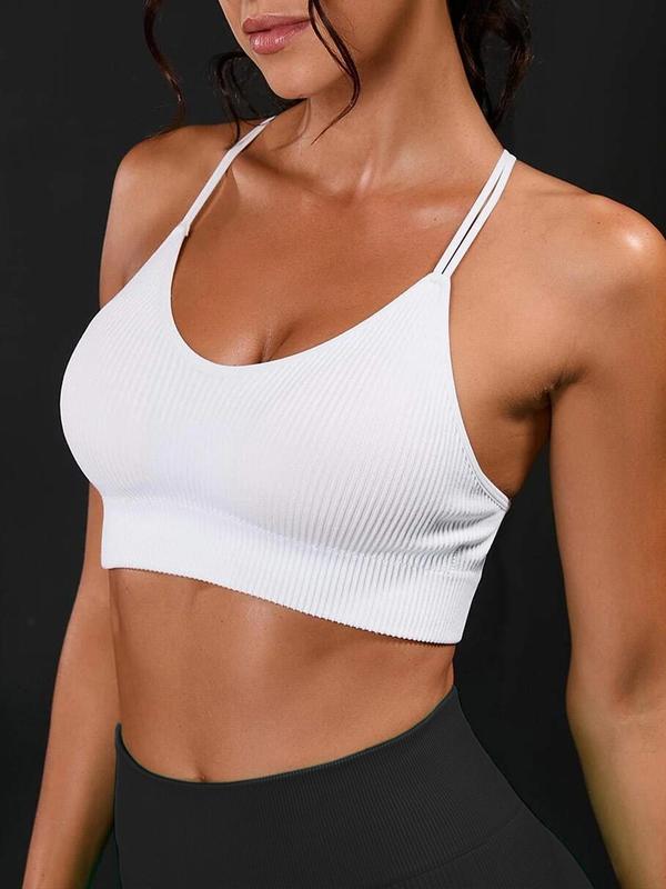 Women's Solid Criss Cross Backless Ribbed Wireless Sports Bra, Breathable Comfortable High Stretch Seamless Double Spaghetti Strap Design Sports Bra, Ladies Sportswear for Indoor Outdoor Wear