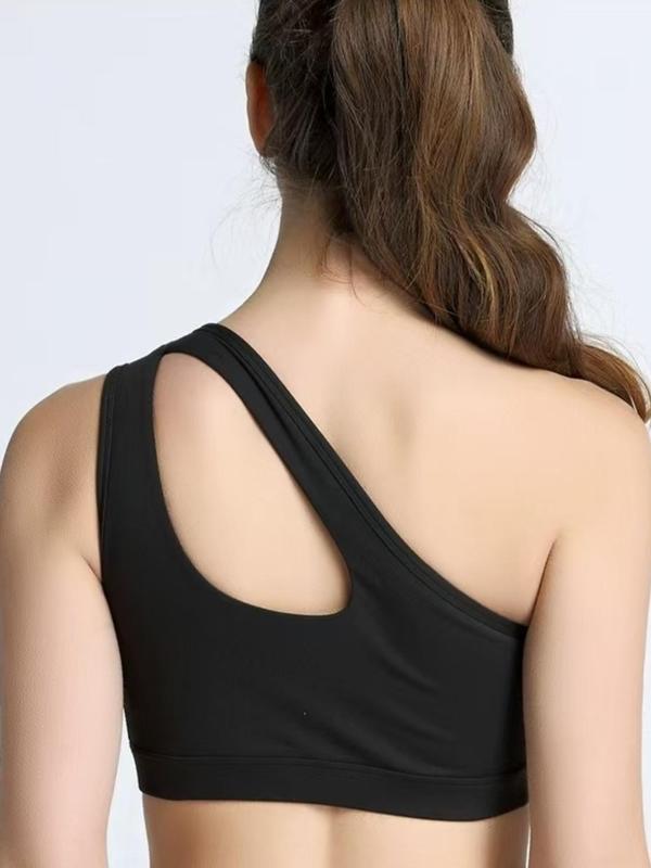 Women's Solid Cut Out One Shoulder Backless Lined Sports Bra, Casual Asymmetrical Comfy Breathable Wireless Sports Bra, Ladies Sportswear for Yoga Gym Workout