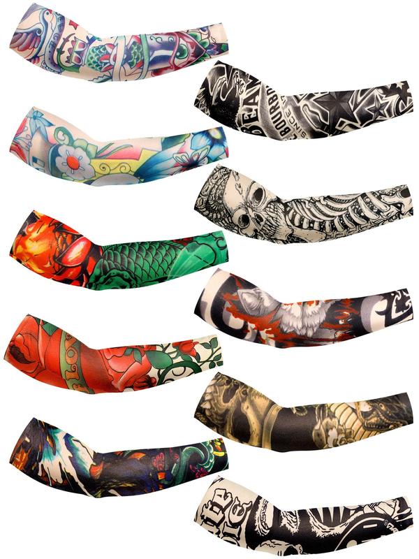 10 Pairs Men's Cooling Arm Sleeves Long Fingerless Arm Cover Anti Slip UV Protection Sports Temporary Tattoo Arm Sleeves