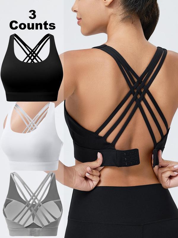 Women's Criss Cross Back Sports Bras, Solid Color Adjustable Hook & Eye Closure Push Up Bra, Soft Breathable Non-removable Moulded Cups Bra for Women