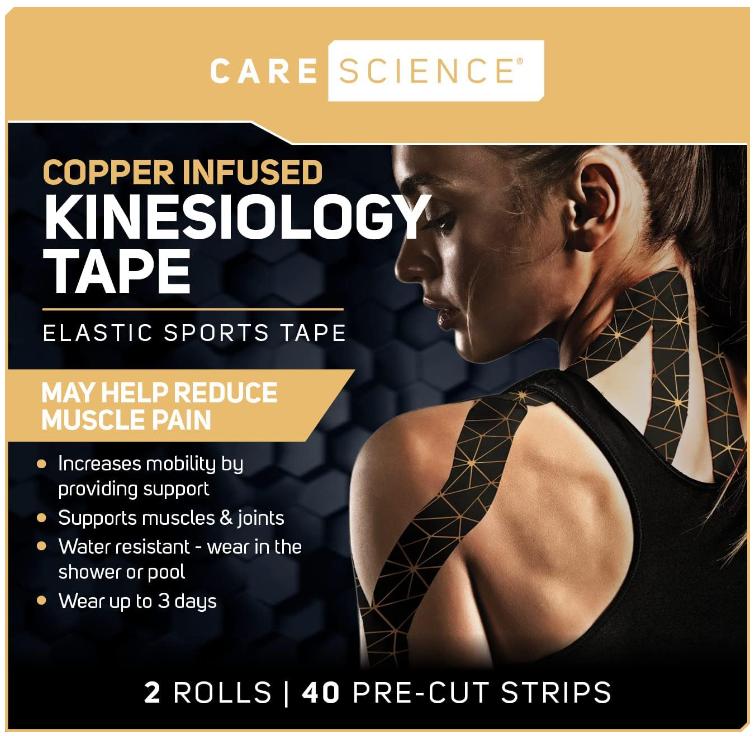 Care Science Waterproof Kinesiology Tape, 40 ct Precut Strips (2 Rolls), Copper Infused for Sports & Weightlifting