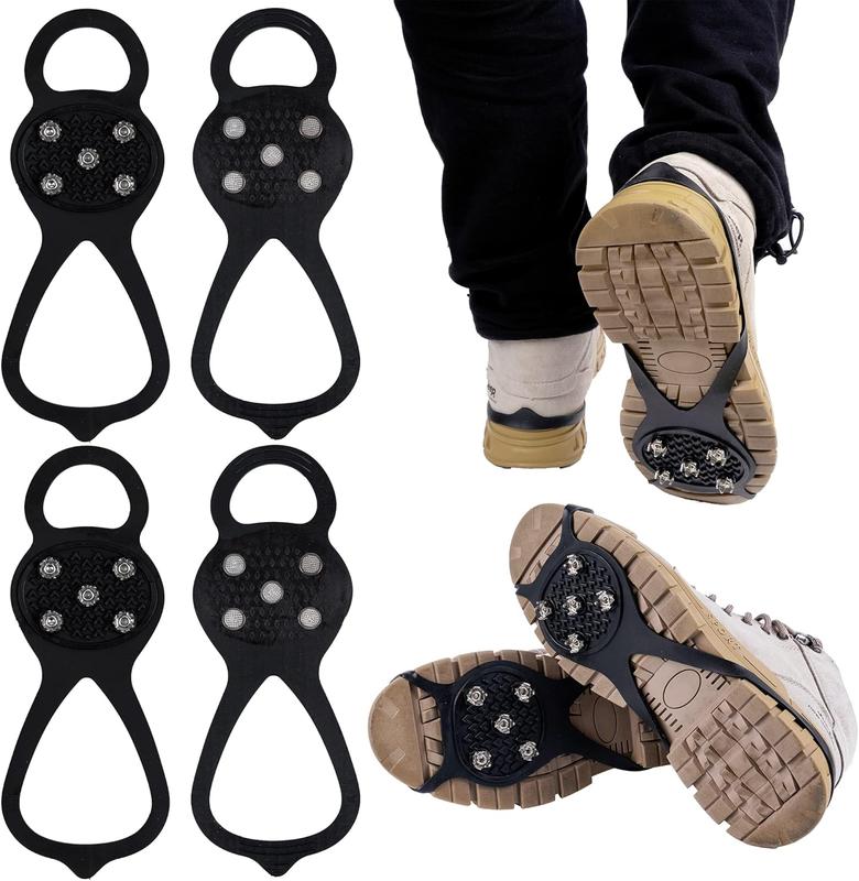 2 Pairs Non Slip Gripper Spike Ice Traction Cleats Walk Traction Cleat Ice Snow Grips for Shoes, Boot with 5 Steel Studs Crampons