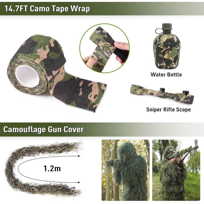 6 in 1 Ghillie Suit, 3D Camouflage Hunting Apparel Including, Pants, Hood, Carry Bag and Camo Tapes