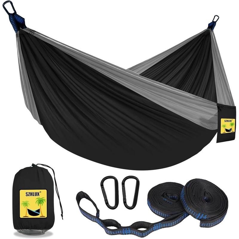 SZHLUXO Camping Hammock Double & Single Portable Hammocks with 2 Tree Straps, Great for Hiking,Backpacking,Hunting,Outdoor,Beach,Camping,Black   Grey