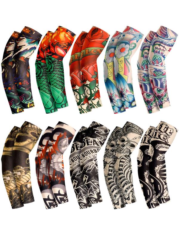 10 Pairs Men's Cooling Arm Sleeves Long Fingerless Arm Cover Anti Slip UV Protection Sports Temporary Tattoo Arm Sleeves