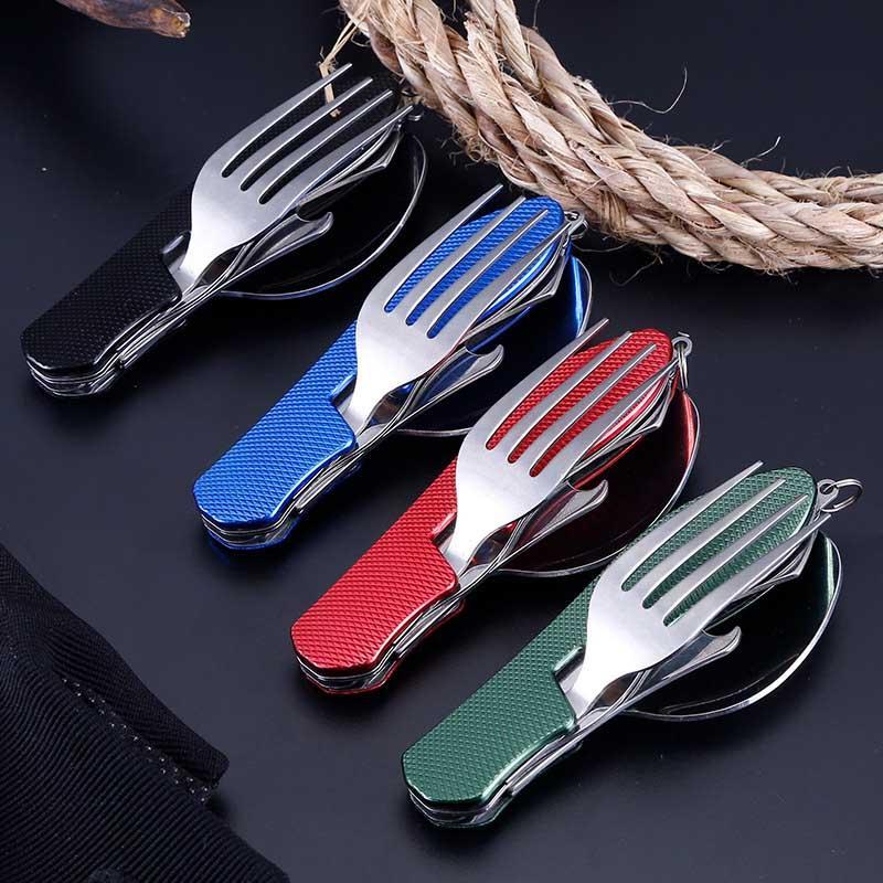 Folding Camping Utensils, 1 Count Stainless Steel Spoon Fork Bottle Opener Set, Detachable Tableware Multifunctional Tool for Outdoor Camping