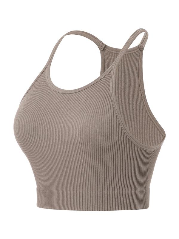 Women's Solid Ribbed Sports Vest, Sporty Breathable Racerback Cami Top, Ladies Summer Sportswear for Yoga Gym Workout