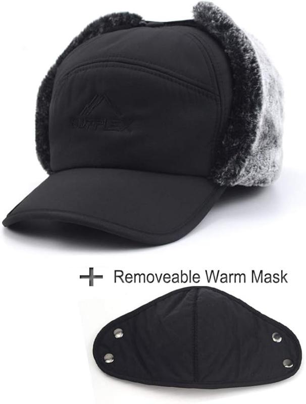 Mens Winter Thermal Trapper Hat with Ear Flaps and Fur Mask for Skiing, Hunting, and Cycling