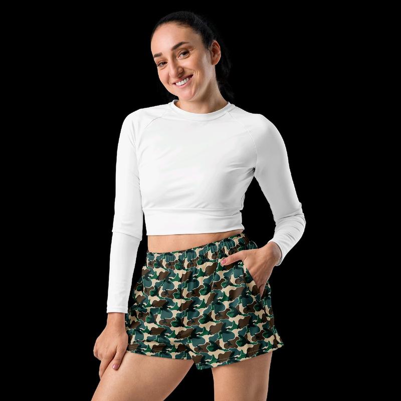 Women's Teal Duck Camo Breathable Athletic Shorts with Drawstring and Mesh Pockets - Moisture Wicking & Comfy!