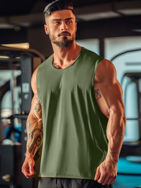 Sporty Men's Solid Color Round Neck Sports Vest, Quick Drying Breathable Comfortable Sports Tank Top, Summer Sports Top for Gym Workout Running