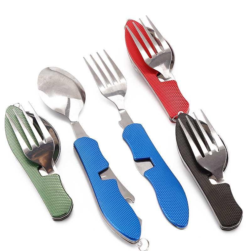 Folding Camping Utensils, 1 Count Stainless Steel Spoon Fork Bottle Opener Set, Detachable Tableware Multifunctional Tool for Outdoor Camping