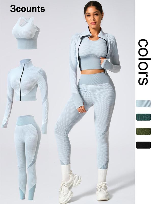 Women's Colorblock Striped Print Sports Three-Piece Set, Long Sleeve Zip Up Crop Outwear & Criss Cross Bra & High Waist Leggings Tracksuit Set, Ladies Sportswear for Indoor Outdoor Wear