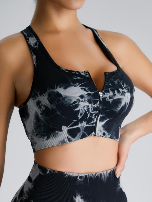 Women's Tie Dye Print Cut Out Zipper Front Sports Bra, High Stretch Seamless Wireless Sports Bra, Ladies Sportswear for Indoor Outdoor Wear