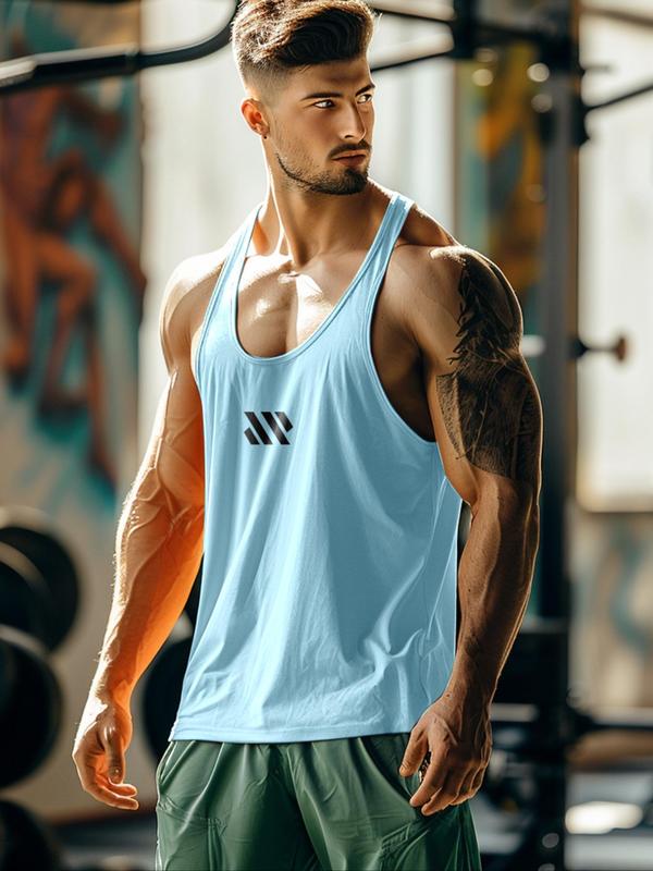 Men's Geometric Print Scoop Neck Sports Tank Top, Regular Fit Sporty Breathable Comfortable Sports Vest, Running Vest, Sportswear for Gym Workout Running, Fall Outfits, Fallfreshness, 90s Clothes