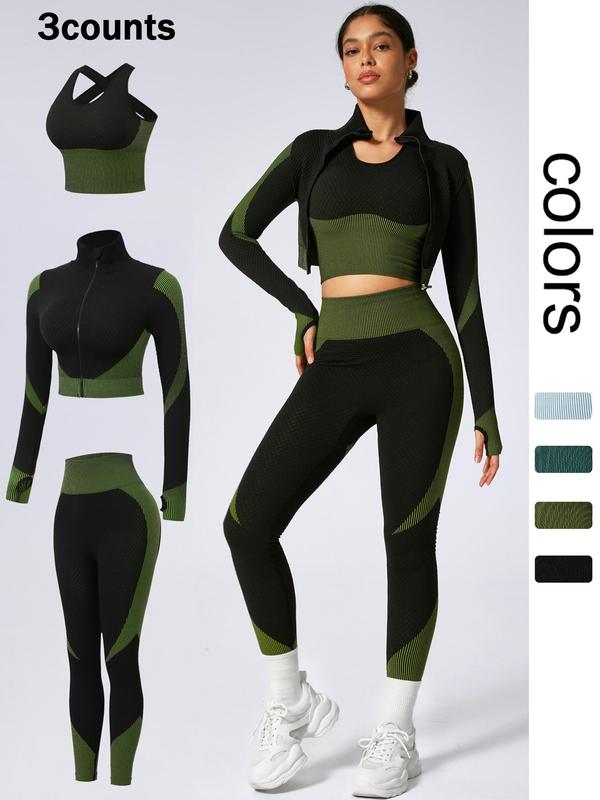 Women's Colorblock Striped Print Sports Three-Piece Set, Long Sleeve Zip Up Crop Outwear & Criss Cross Bra & High Waist Leggings Tracksuit Set, Ladies Sportswear for Indoor Outdoor Wear