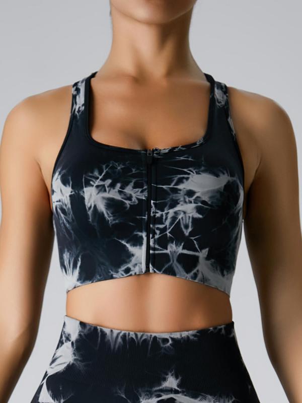 Women's Tie Dye Print Cut Out Zipper Front Sports Bra, High Stretch Seamless Wireless Sports Bra, Ladies Sportswear for Indoor Outdoor Wear