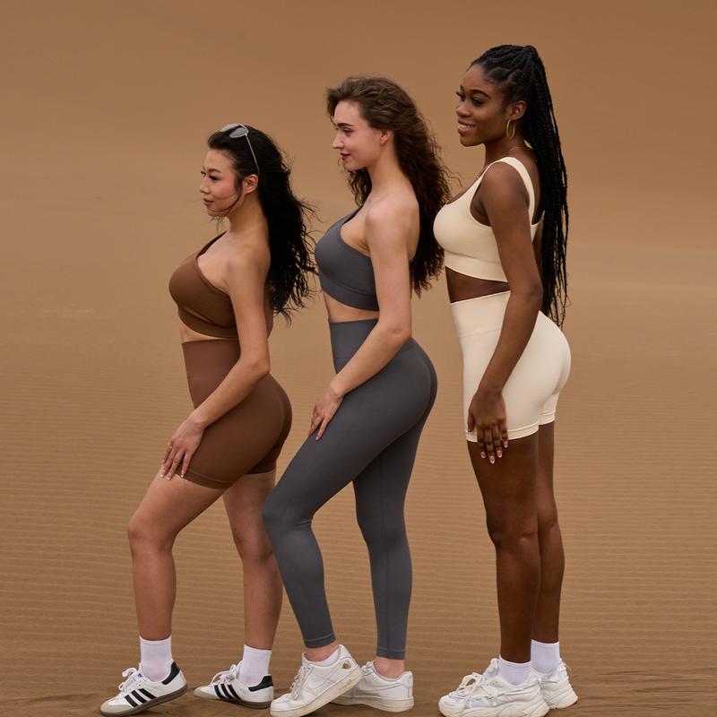 OQQ Women's 4 Piece Outfits Ribbed Exercise Scoop Neck Sports Bra One Shoulder Tops High Waist Shorts Leggings Active Set