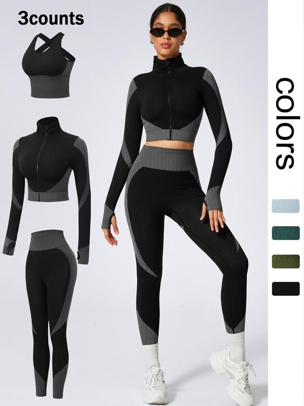 Women's Colorblock Striped Print Sports Three-Piece Set, Long Sleeve Zip Up Crop Outwear & Criss Cross Bra & High Waist Leggings Tracksuit Set, Ladies Sportswear for Indoor Outdoor Wear