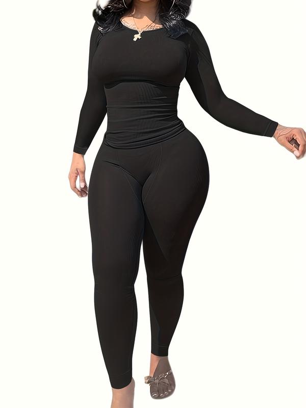 2pcs Solid Color Yoga Workout Set, Long Sleeve Round Neck Top & High Stretch Running Sports Leggings Suit, Women's Activewear