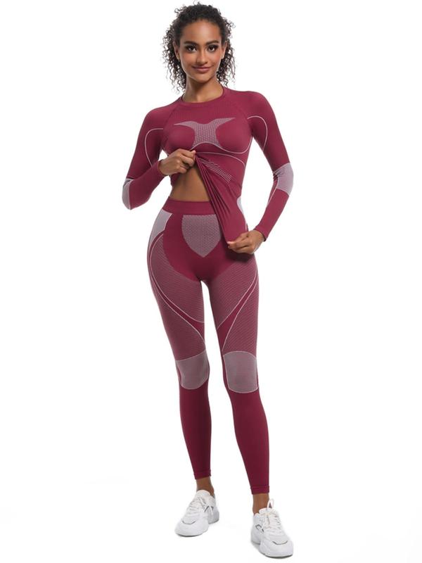 Women's Colorblock Ski Baselayer Suit, Sporty Quick Drying Compression Long Sleeve Top & High Waist Leggings, Ladies Sportswear for Skiing Gym Workout Outdoor