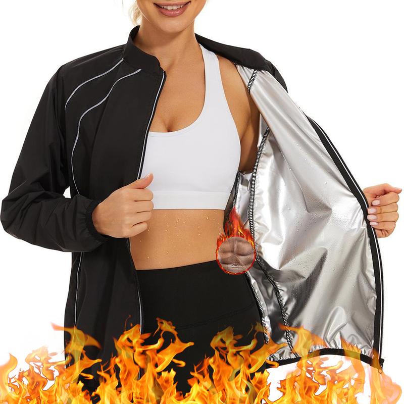 Women's Zippered Sauna Suit with Enhanced Sweat Material, Reflective Silver Accents, Long Sleeves, and Pleated Sleeve Cuffs & Hem for Intense Workouts and Weight Loss,Elevate Your Sweat Experience