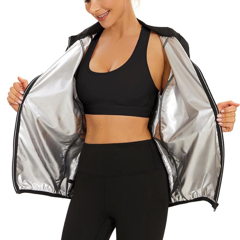 Women's Zippered Sauna Suit with Enhanced Sweat Material, Reflective Silver Accents, Long Sleeves, and Pleated Sleeve Cuffs & Hem for Intense Workouts and Weight Loss,Elevate Your Sweat Experience