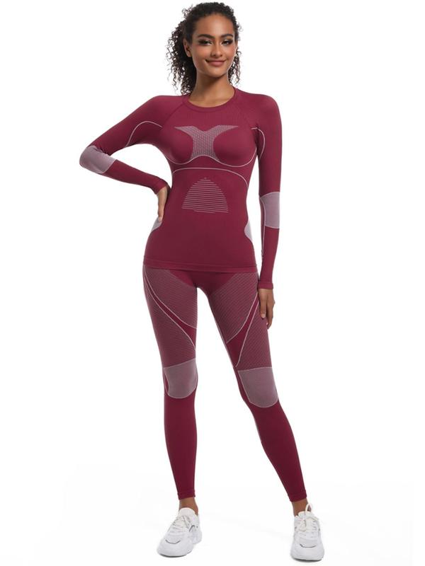 Women's Colorblock Ski Baselayer Suit, Sporty Quick Drying Compression Long Sleeve Top & High Waist Leggings, Ladies Sportswear for Skiing Gym Workout Outdoor