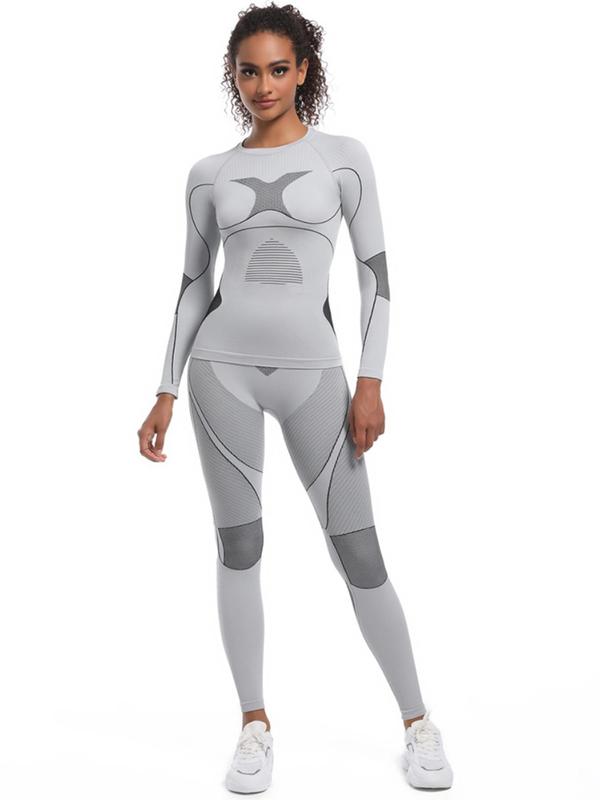 Women's Colorblock Ski Baselayer Suit, Sporty Quick Drying Compression Long Sleeve Top & High Waist Leggings, Ladies Sportswear for Skiing Gym Workout Outdoor