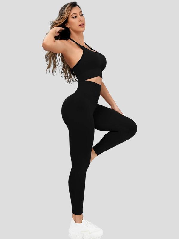 Two-Piece Set Women's Solid Backless Halter Top & High Waist Leggings Tracksuit Set, Sporty Casual Breathable Seamless Outfits for Yoga Gym, Women Tracksuits for Summer