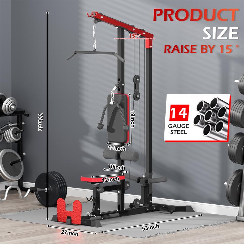 LAT Tower, LAT Pull Down and LAT Row Cable Machine with Flip-Up Footplate, High and Low Pulley Station with AB Crunch Harness, Home Gym Back Exercise Weight Machine